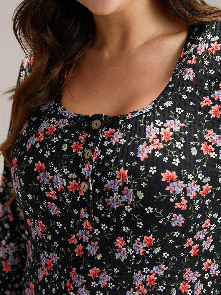 Ditsy Floral Square Neck Button Up T-shirt