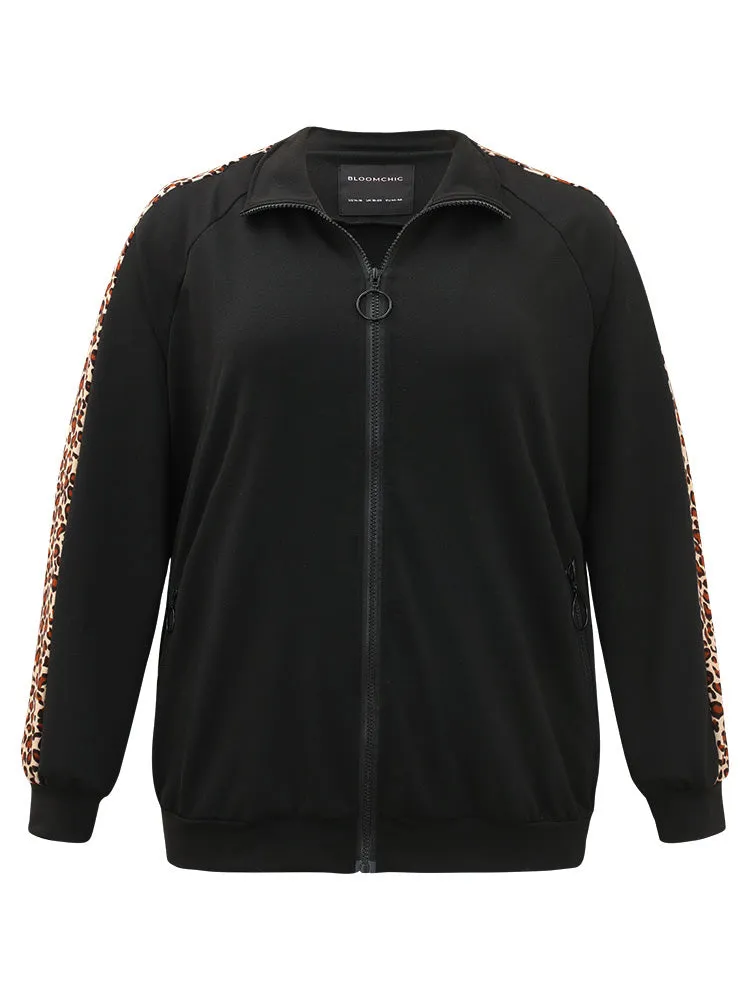 Leopard Print Patchwork Zipper Pocket Jacket