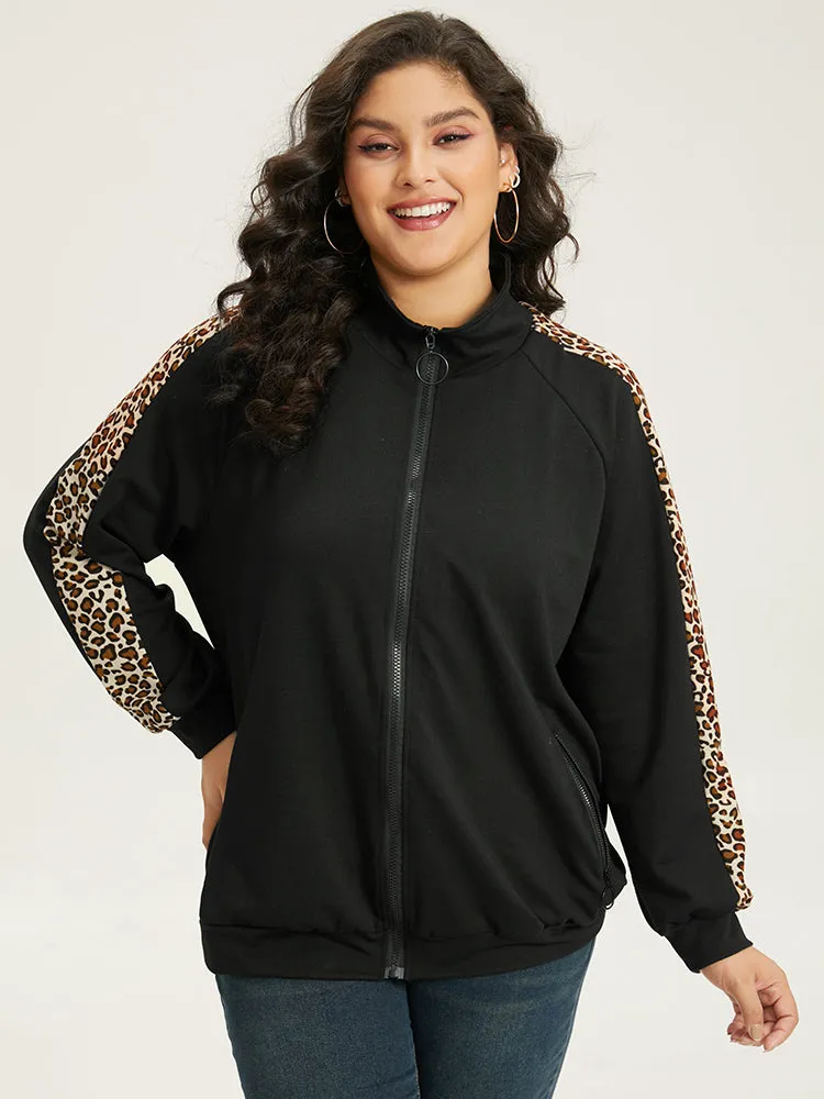 Leopard Print Patchwork Zipper Pocket Jacket