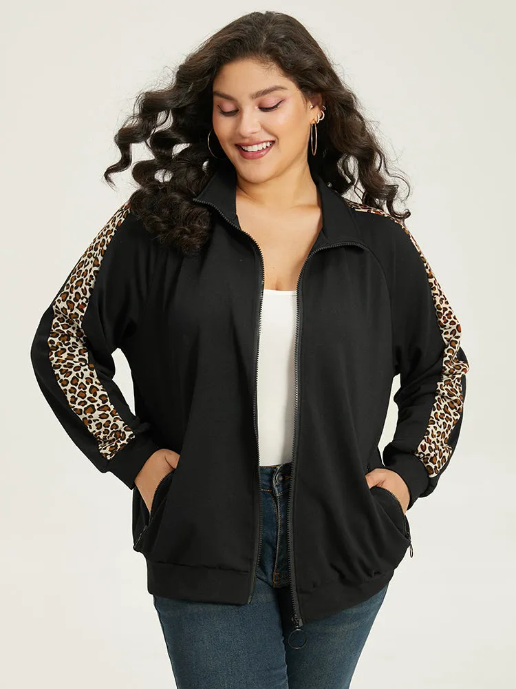 Leopard Print Patchwork Zipper Pocket Jacket