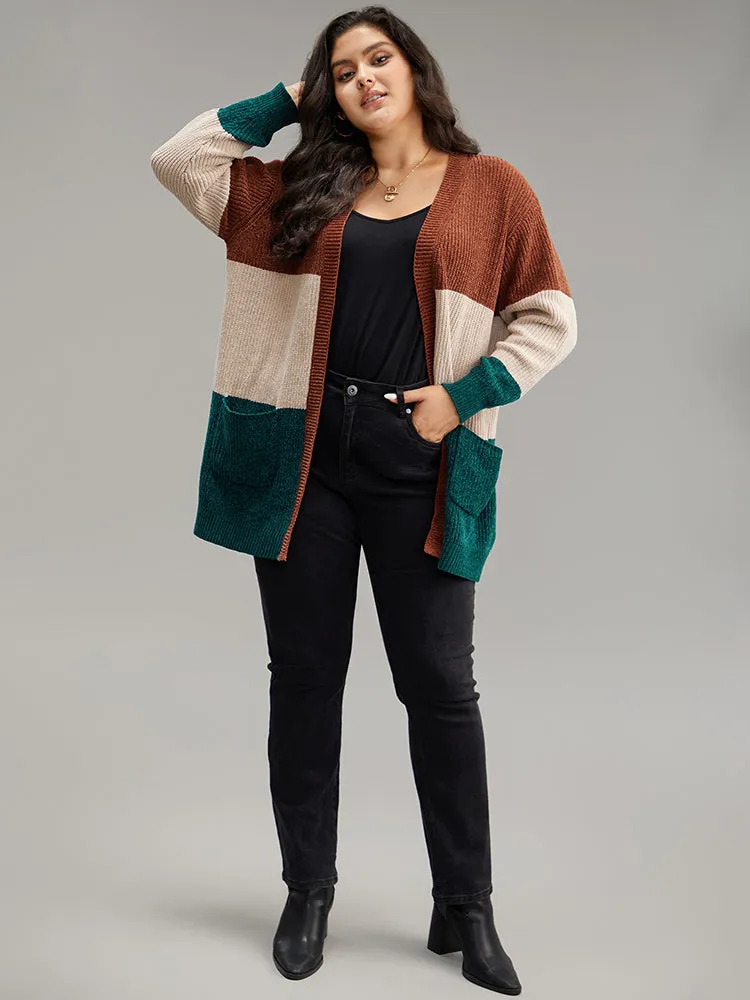 Open Front Colorblock Patched Pocket Cardigan