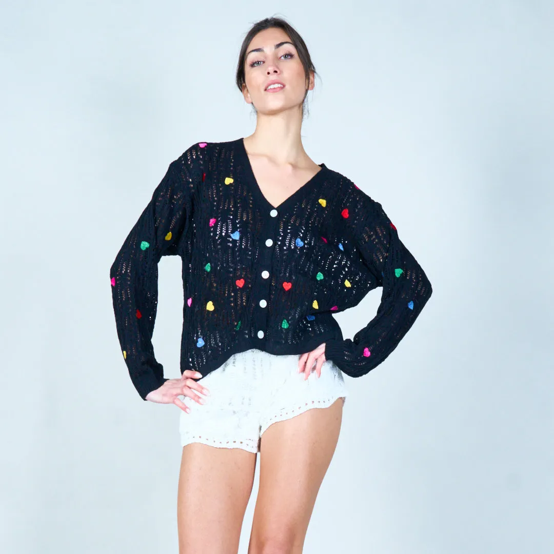 Open-knit cardigan with heart accents wholesale