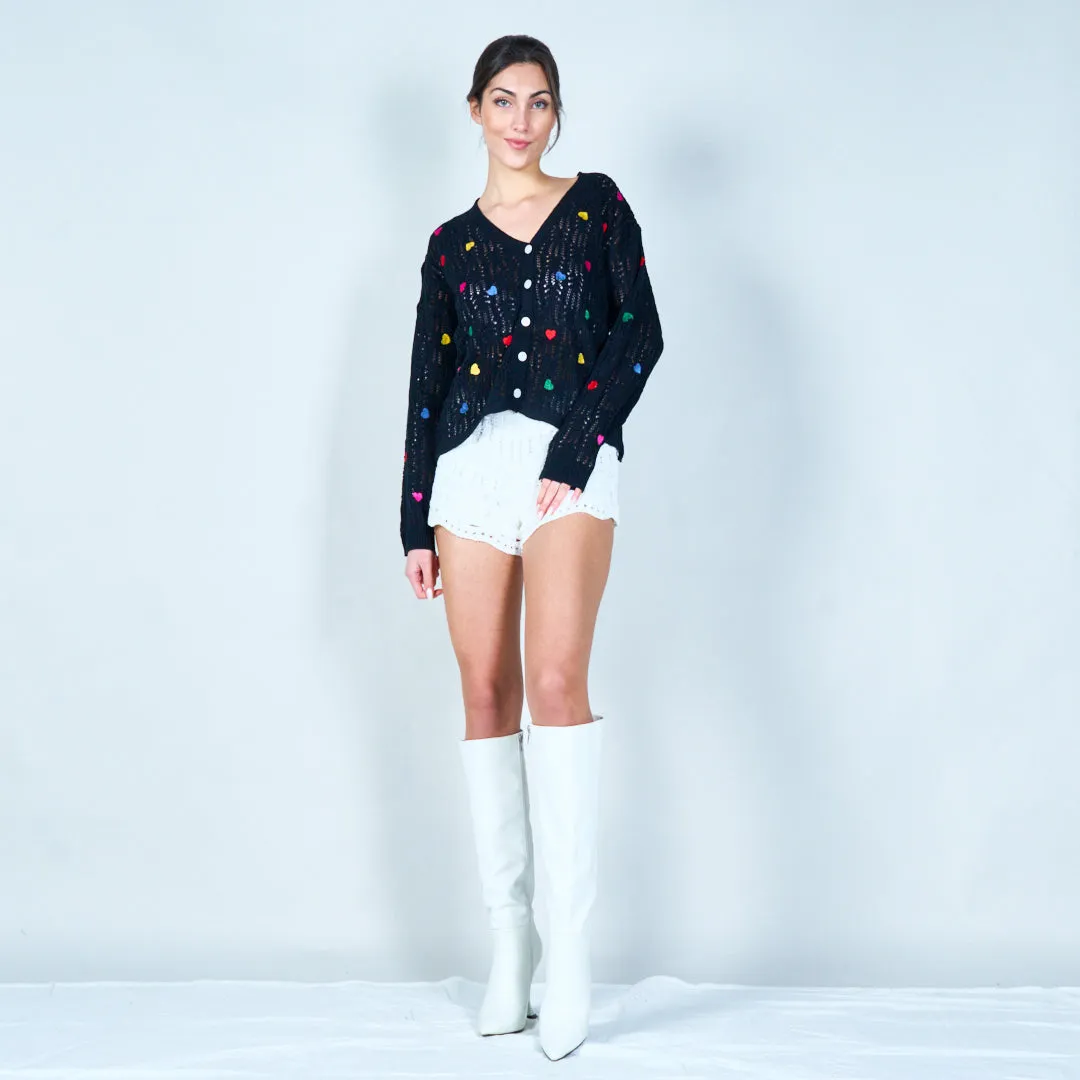 Open-knit cardigan with heart accents wholesale