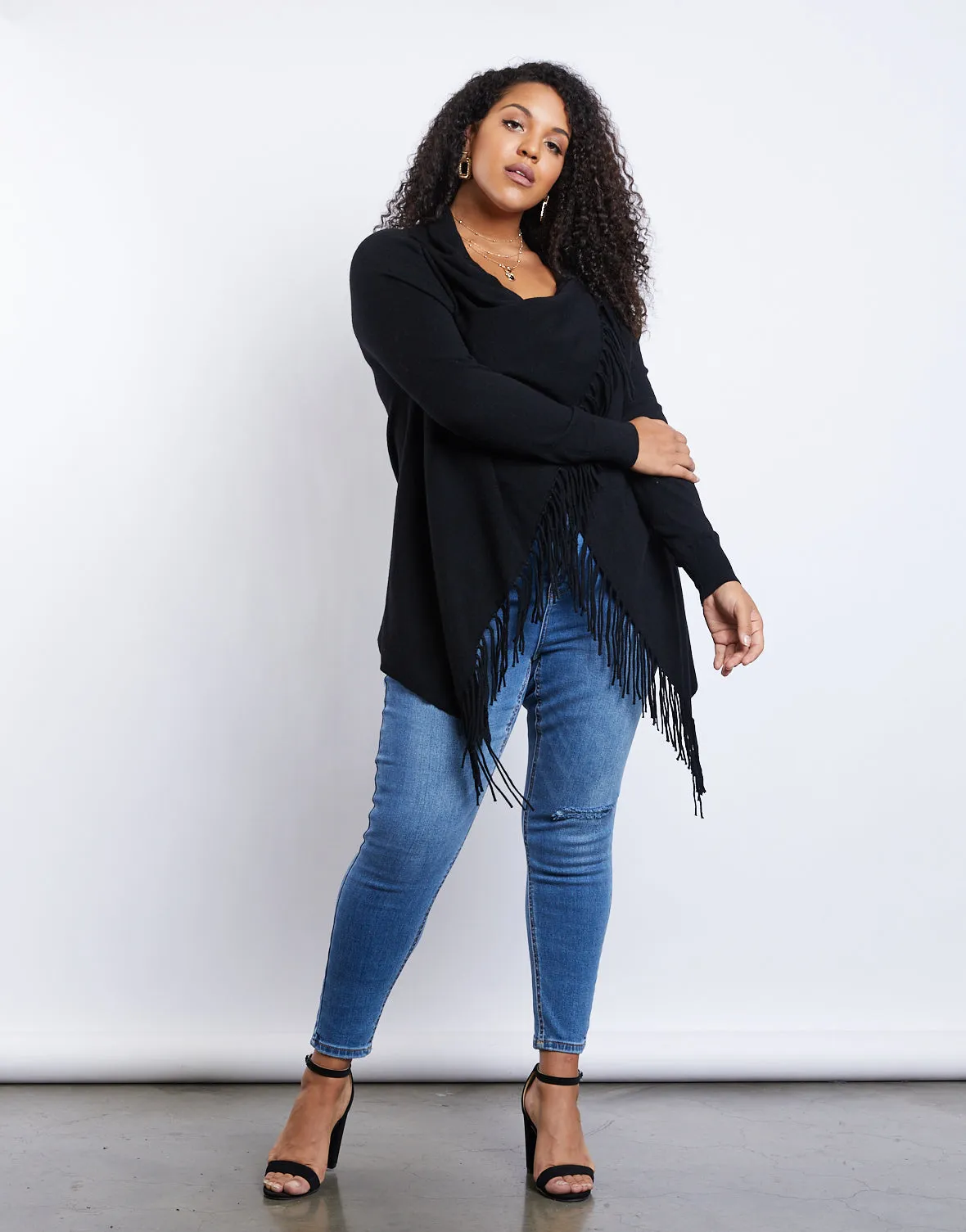 Plus Size Fringe Draped Sweater