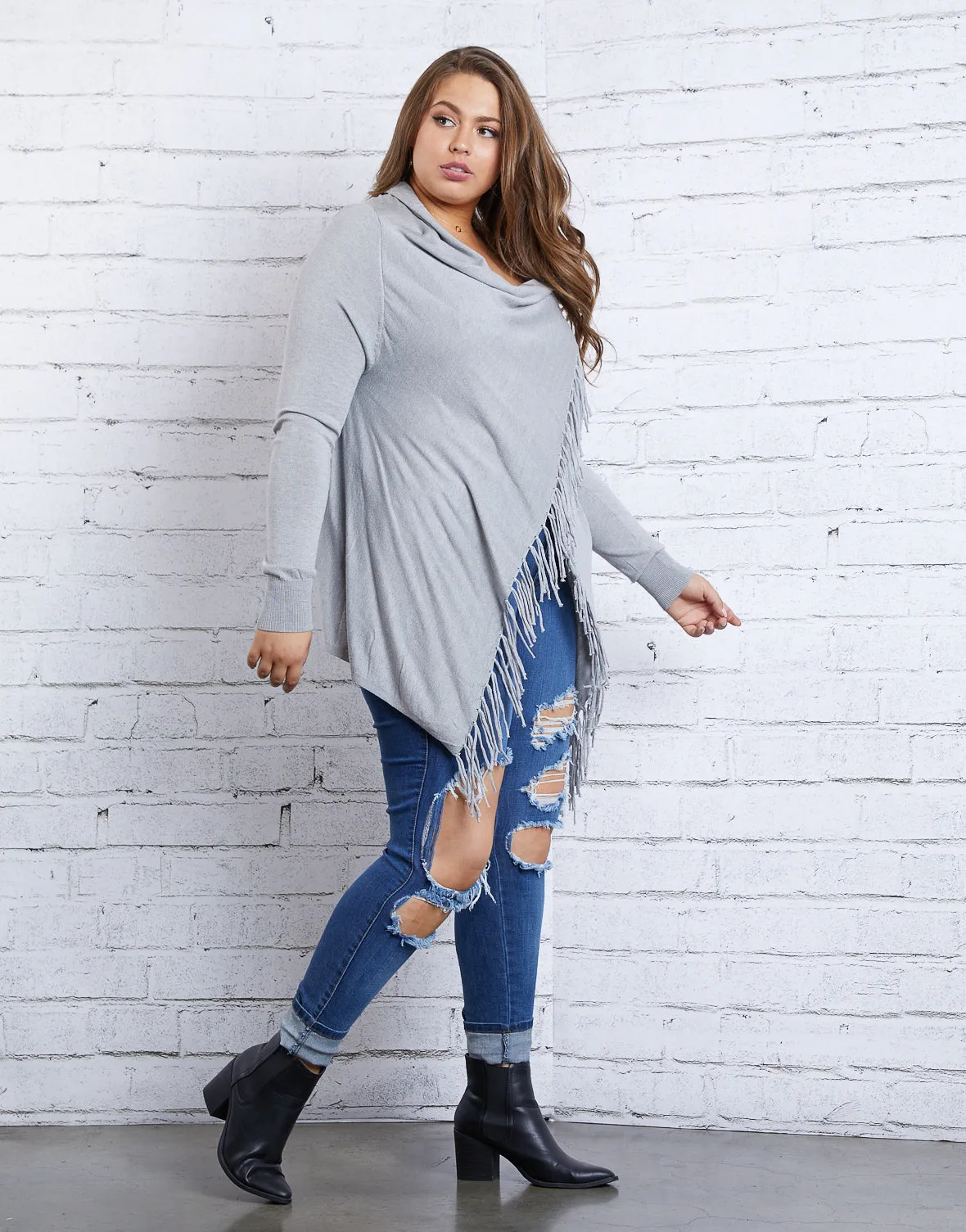 Plus Size Fringe Draped Sweater