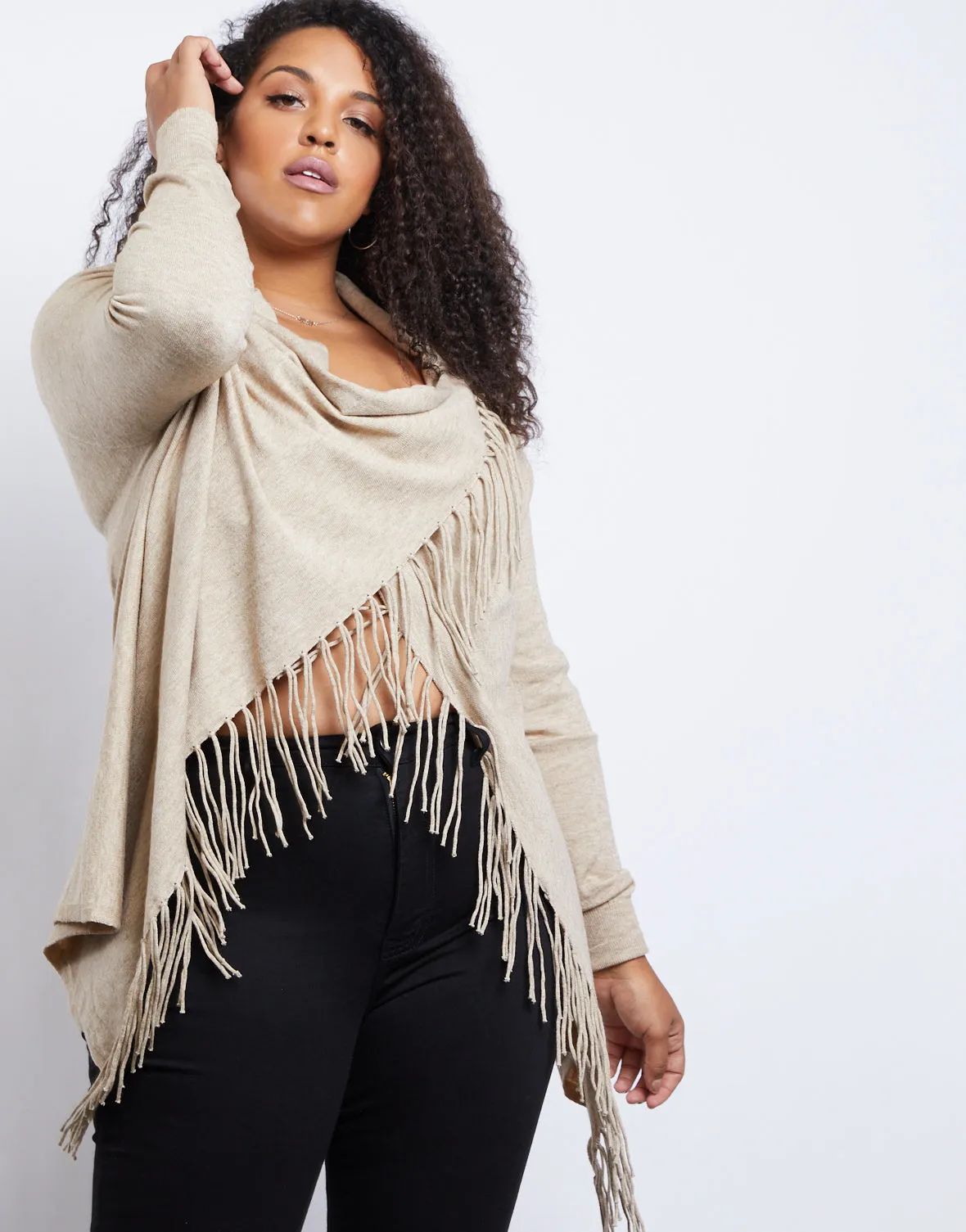 Plus Size Fringe Draped Sweater