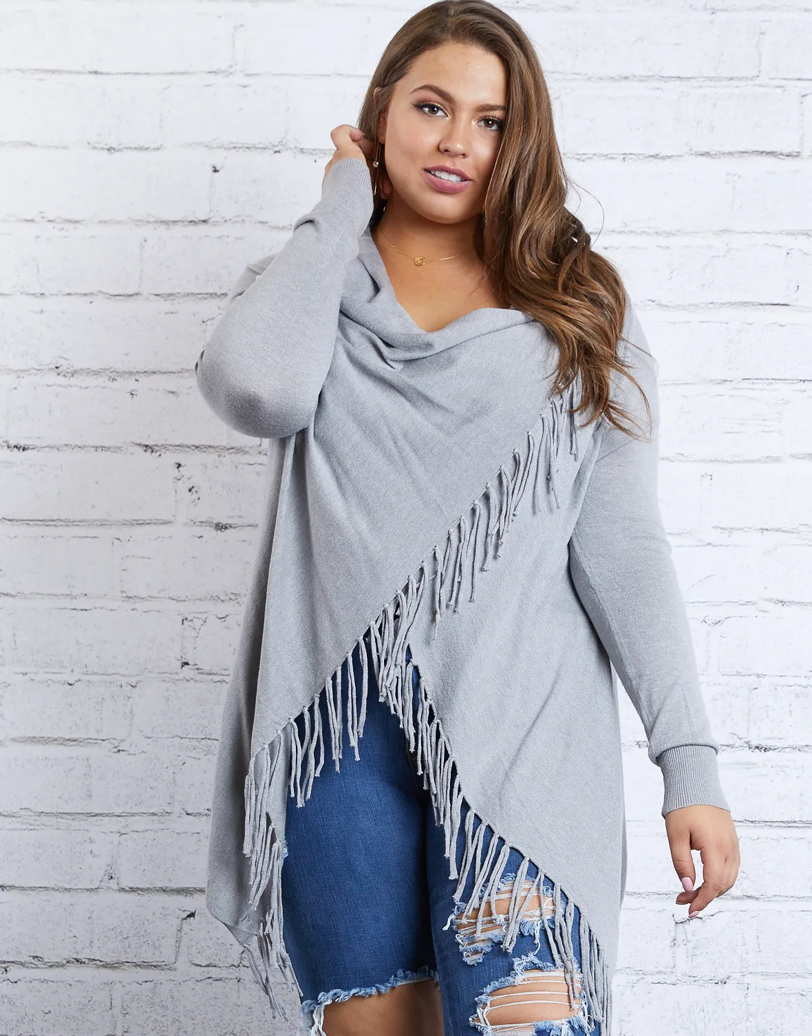 Plus Size Fringe Draped Sweater