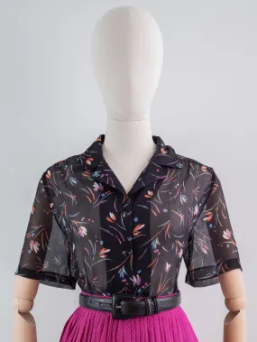 Vintage Chiffon Multicolor Floral Print Black Blouse